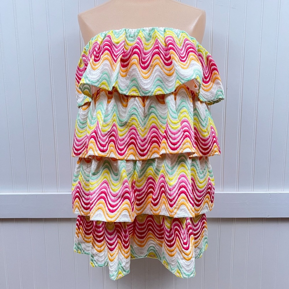 Tularosa Mini Dress Hippie Festival Tiered Ruffle Strapless Rainbow Zig Zag NWT